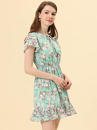 Image of Allegra K Women's Ruffle Sleeve Self-Tie V Neck Flowy Ruffled A-Line Floral Chiffon Dress