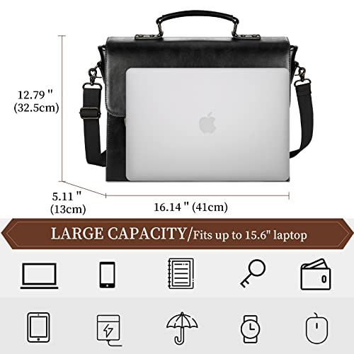 Leather Messenger Bag For Men Women 15.6 Inch Waterproof Vintage Leather Laptop Briefcase Large Satchel Shoulder Bag Office Travel College Computer Laptop Bag, Black #TOP4