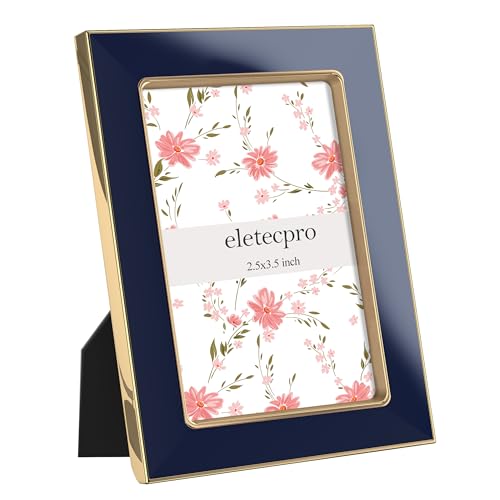 Image of eletecpro 2.5x3.5 Enamel Picture Frame with Real Glass Cover, Small Photo Frame with Gold Metal Edge, Horizontal and Vertical Display Pictures 2.5 by 3.5 for Tabletop and Wall Decor, Navy, 1 Pack