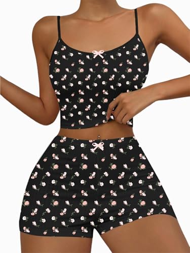 Image of Hilinker Womens Graphic 2 Piece Pajama Set Summer Cute Crop Cami and Shorts Ribbed Lounge Sets