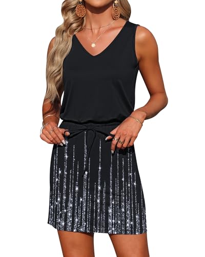 Image of AUSELILY Womens Summer Sleeveless V-Neck Drawstring Waist Beach Cover up Mini Short Swing Dresses with Pockets