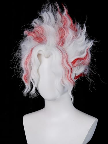Image of O-karun Cosplay Wig for Men Short Curly White and Red Wave Wig White Costume Male Wigs for Unisex Halloween Party Women