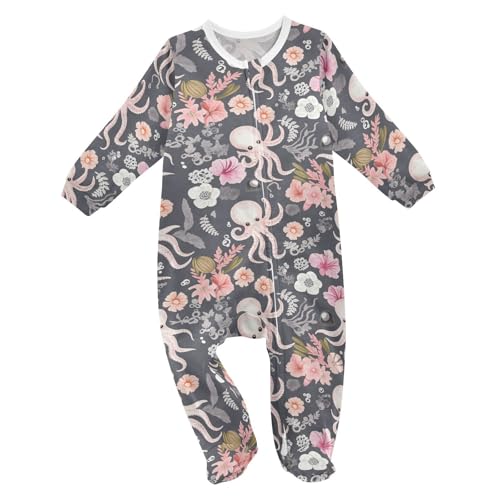 Vdsrup Baby One-Piece Footies Octopus Flowers Bodysuit Rompers Pink Newborn Pajamas Cotton Footed Pjs for Boys Girls 3M