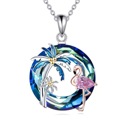 Flamingo Necklace for Women 925 Sterling Silver Flamingo Pendant Palm Trees Necklace Crystal Jewelry Gift