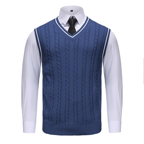 Men’s Cable Knit Sweater Vest V Neck Sleeveless Pullover Classic Fit Business Casual Retro Knitwear for Fall Winter Layering