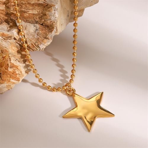 18k Gold Star Choker Necklace for Women Minimalist Stainless Steel Star Charm Pendant Trendy Adjustable Bead Chain Necklaces Hypoallergenic Fashion Jewelry for Her Bff4