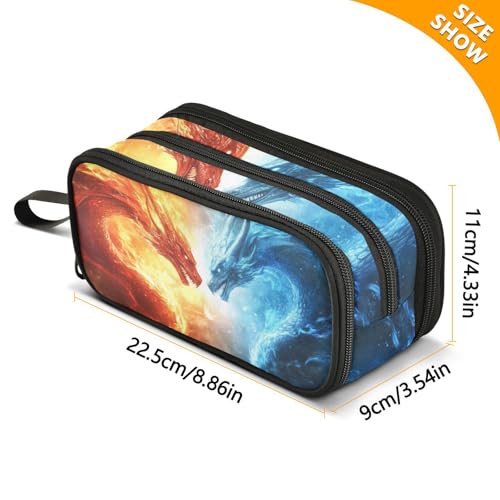 Image of Wfrish Red Dragon Fire Blue Large Capacity Pencil Case, 3 Compartments Pen Pouch Organizer for School College Office, Zippers Big Pencil Bag for Teens Adults Girls Boys Makeup