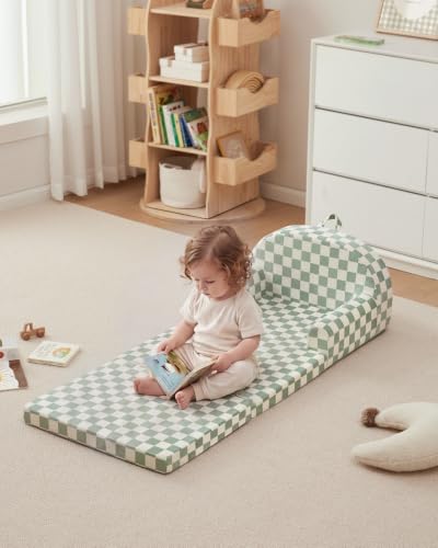 Image of Blissful Diary Kids Couch, 2-in-1 Comfy Kids Chair for Reading, Playroom, Kids Couch Sofa for Girls Boys Birthday Gift, Sage Checkered