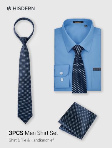 Image of HISDERN Mens Dress Shirt with Tie Pocket Square Set Classic Button Down Shirt Matching Tie Long Sleeve Shirts