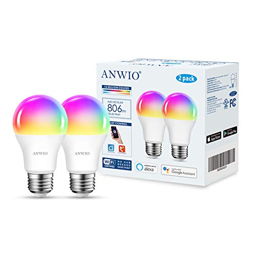 Anwio 2-Pack Smart Light Bulbs 8.5W (60W Replacement) A19 E26 Led Bulb Work With Alexa, Google Assistant, Smart Life App, Tuya App, Color Changing, No Hub Required #TOP1