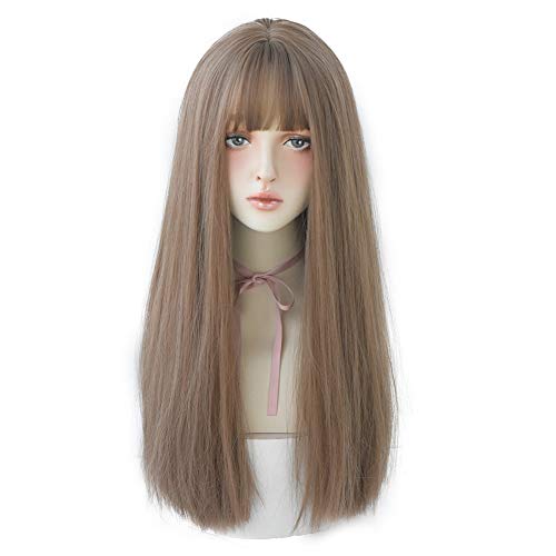7JHH WIGS Hair Dye Wig for Women Synthetic Hair Natural Long Straight Wig With Bangs (22inch, Honey Tea Flax)