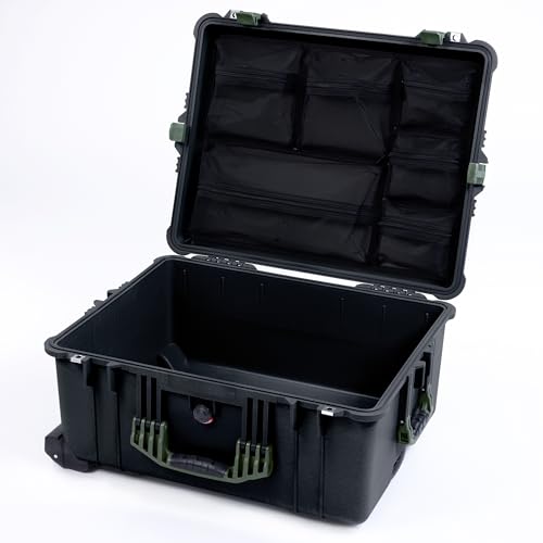 Pelican 1610 Case by ColorCase - Black - Large Sized Waterproof Case Mesh Lid Organizer - OD Green Handles & Latches