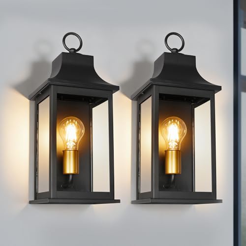 Image of JYZ 2PK 16 inch Outdoor Wall Lantern, Exterior Wall Sconce Lighting Fixture, Anti-Rust Aluminum & Clear Glass Outside Wall Lamp, E26 Socket Matte Black Exterior Wall Lights for Garage, Front Door, Patio