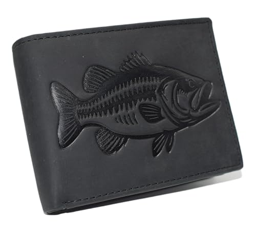 MARSHAL Fisherman’s RFID Blocking Vintage Leather Bifold Wallet with Debossed Bass Design for Outdoorsmen (Black)