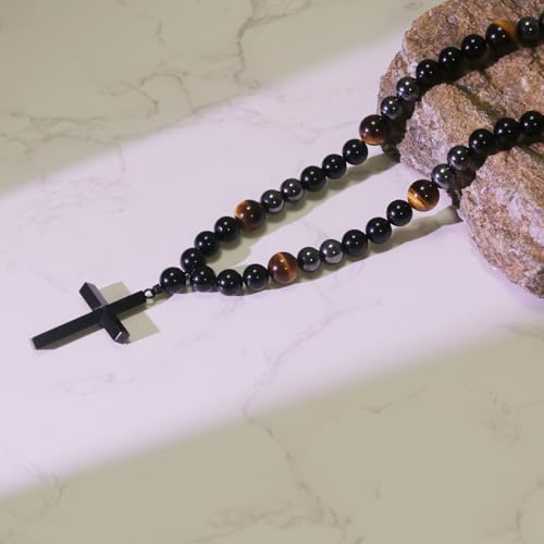 Healing Crystal Beads Necklace for Men Triple Protection Men Cross Necklace Black Obsidian Tiger Eye and Hematite Beads Christmas Gifts for Prayer and Meditation4