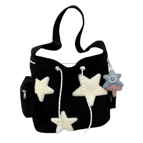 Bolsa Feminina Transversal de Ombro com Estampa de Estrela, Bolsa de Festa de Corduroy, Bolsas de Mão e Ombro Femininas Modernas e Casuais (Preto)