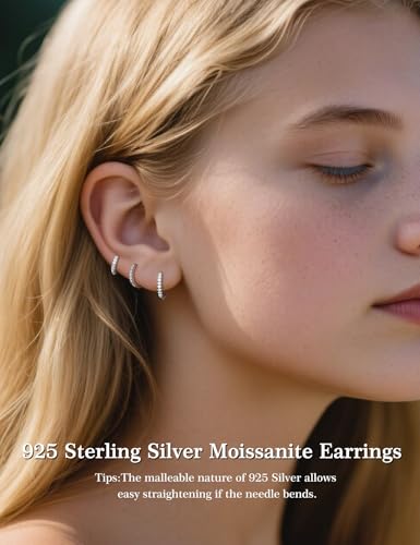 3 Pairs Small Huggie Hoop Moissanite Earrings for Women Men, Hypoallergenic 925 Sterling Silver Cartilage Earrings, Gifts Jewelry Set2