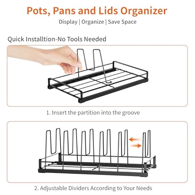 Food Container Lid Organizer for Cabinet, 6 Adjustable Dividers Metal Pot Lid Organizer, Pots and Pans Organizer Under Cabinet Storage Plastic Lids Pots Cookie Sheets for Cabinets, Cupboards, Drawers