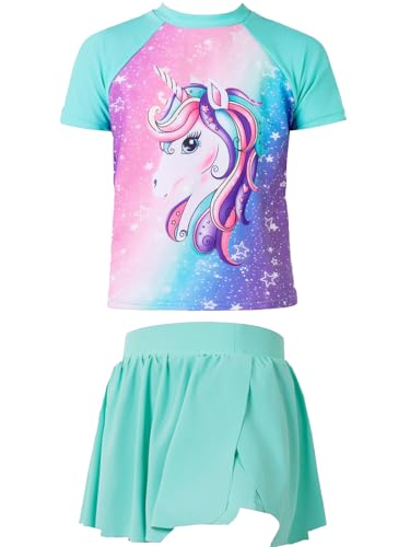Girls Rashguard Set Flowy Skirt with Butterfly Short Print Short Sleeve Shirt Non-See Through Swimsuit 3-12 Years