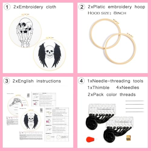 Image of Skull Halloween Embroidery Kits for Beginners Adults, Gothic Embroidery Sets Needlepoint Kits, Halloween Stamped Cross Stitch Kits for Beginners Adults, 2 Embroidery Hoops (Attached Video Tutorial)