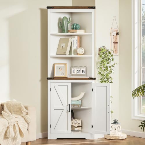 Image of TEENFON Farmhouse Corner Cabinet, 70 inch H Tall Corner Hutch with 5 Shelves & 2 Barn Doors, Bathroom Cabinet with Adjustable Shelf, for Living Room, Kitchen, Bathroom, White