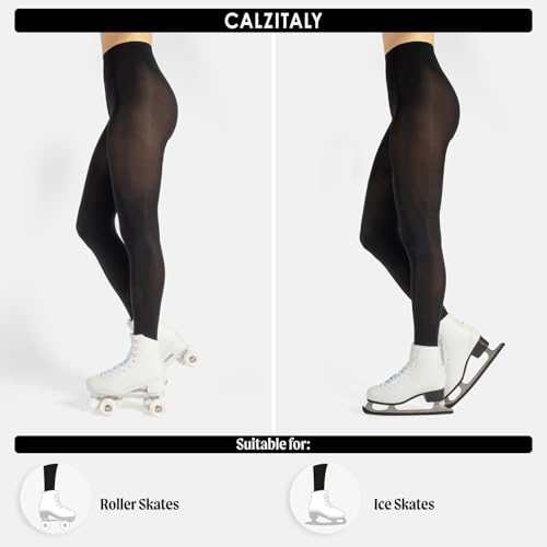 CALZITALY Damen Eislaufstrumpfhose, Eislaufstrumpfhose, Eiskunstlaufstrümpfe, Blickdichte Damenstrumpfhose, 80 DEN, Roller, Ice, Made in Italy (Schwarz, L)