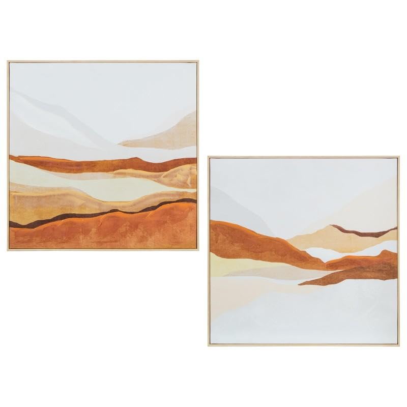 Tableaux sur Toile Paysage Set de 2 avec Cadre en Bois Blanc et Marron Déco 60x60 cm