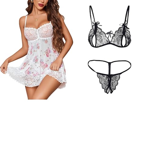 Image of SSoShHub Lace Babydoll Lingerie Sexy Mini Chemise Mesh Wedding Nightie Bridal Nightdress with Bikini