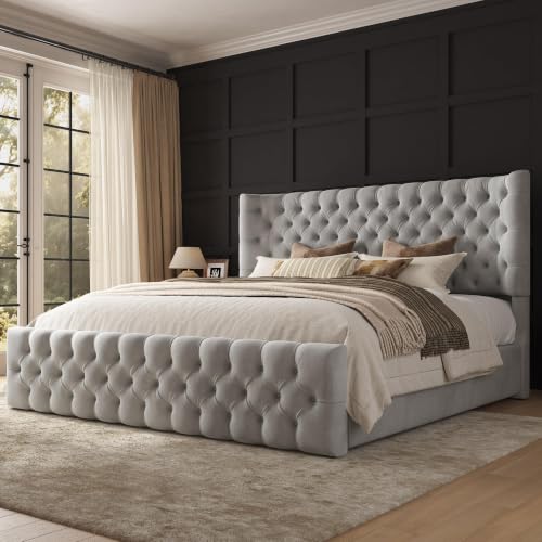 Image of AMERLIFE King Upholstered Bed with Headboard, Wingback, Grey Velvet