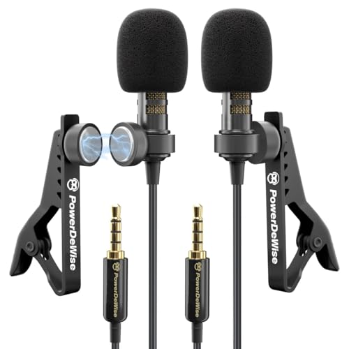 PowerDeWise Professional Grade 2 Lavalier Clip-On Microphones Set for Dual Interview - Double Lav Lapel Microphone - Use for iPhone Phone Camera - Blogging Video Recording Noise Cancelling 3.5mm Mic