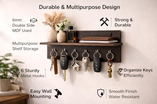 Image of Wall Mounted Key Holder & Organizer with Shelf | Wooden Key Stand with 6 Hooks | Multipurpose Wall Shelf for Keys, Sunglasses, Mask & Accessories| Entryway Storage wall key Rack (Dark Brown, 9x6 Inch)