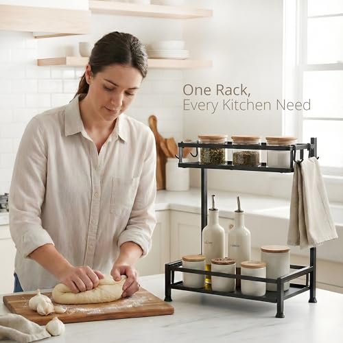Image of IBELL DR6373 2-Tier Multipurpose Metal Storage Rack for Kitchen & Office | Countertop Organizer with Hooks | Spice Rack, Desk Shelf, Bathroom & Pantry Organizer (Black)