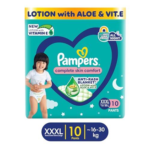 Image of Pampers Complete Skin Comfort Pants, Anti-rash blanket, Lotion with Vitamin E & Aloe Vera, Extra Extra Extra Large size baby diapers (XXXL) 10 Count, 16-30 kg