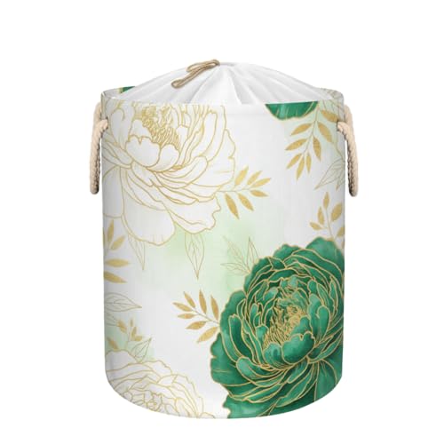 Cesta grande para la colada, cesta de almacenamiento plegable de 58 L, diseño floral de color dorado esmeralda para mantas, juguetes de niños, ropa sucia, cesta alta para cuarto de bebé, para baño