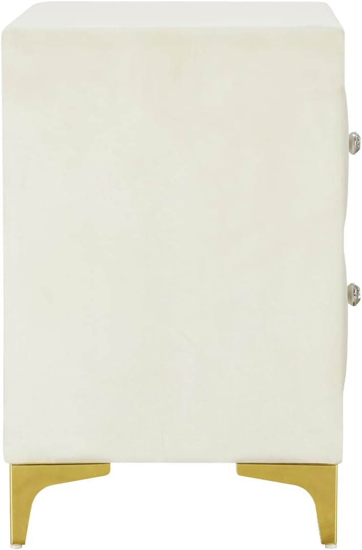 Better Home Products Monique Velvet Nightstand with Gold Legs and Gold Trim, Crystal knobs - Fully Assembled. (Cream)