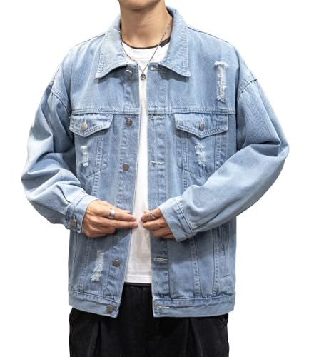 DAVID.ANN Men's Distressed Denim Jacket Casual Vintage Rugged Trucker Coat,Light Blue,Small