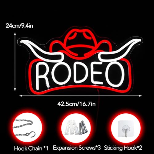 Image of Rodeo Neon Sign, Cowboy Cowgirl Hat Longhorn Led Light, Western Neon Light, Bull Horn Led Sign, Country Living Room Wall Decor, For Adult Boy Bedroom Bar Hotel Party Birthday (16.7 x 9.4 in)