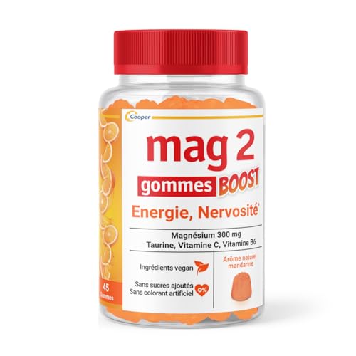 MAG 2 - Gommes BOOST - Magnésium, taurine, vitamines B6 et C - Anti-nervosité et anti-fatigue - Sans sucres ajoutés -Arôme naturel de mandarine - Complément alimentaire - 45 gommes