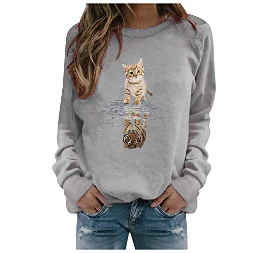 Preisvergleich Produktbild Masrin Mask Damen Sweatshirt Lässige lustige Katze Bedruckte Pulloveroberteile Langarmhemden Bluse(M,Grau)