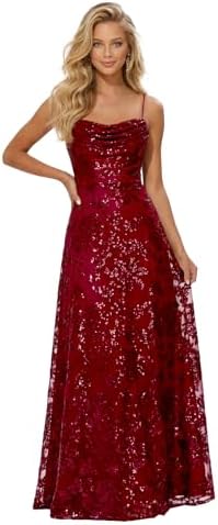 Lace Sequin Prom Dresses Spaghetti Straps A-Line Cowl Neck Pleate...