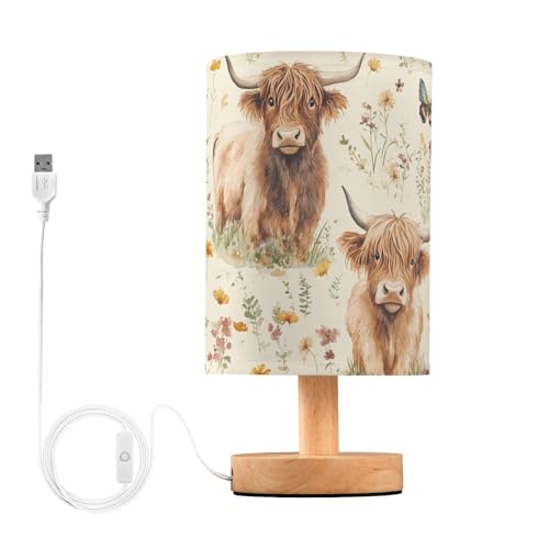 Oarencol Bedside Table Lamp Highland Cow Butterfly Flowers Nightstand Lamp with Wood Desk Lamps for Bedroom Living Room Nursery Office Home Decor