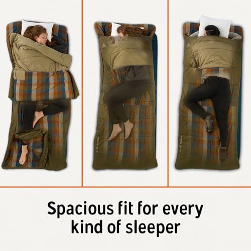 Image of Kelty Wayback Flannel Lined Sleeping Bag, Built in Blanket, Traditional Rectangle Shape, Organic Flannel Cotton Liner, Dual Locking Slide Zips