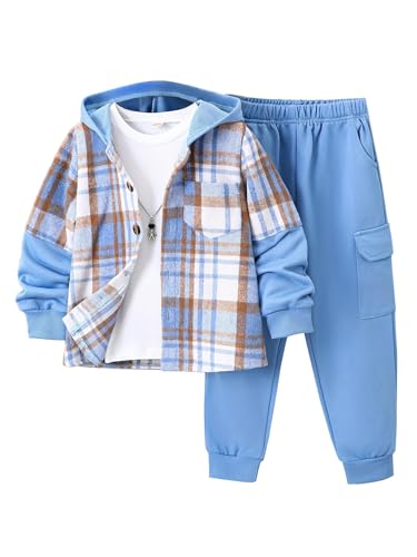 Jolyshlid Boys 2 Pieces Sweatsuit Flannel Plaid Shirt Tops Hoodies Cargo Sweat Pants Clothing Set Blue 13-14Y