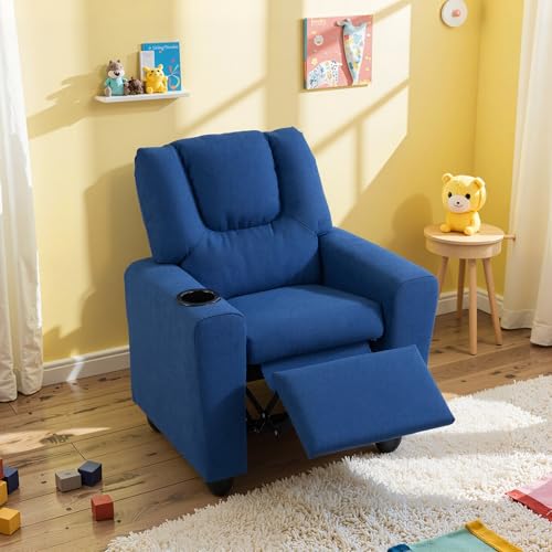 Image of HONEY JOY Kids Recliner, 2-in-1 Toddler Armrest Sofa Couch with Cup Holders, Adjustable Footrest, Fabric Surface, Child-Size Recliner Chair for Boys Girls Age 3+ (Blue)