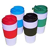 Reusable Travel Mug Hot Cold Non Slip Grip Screw Lid Flip Open Cap Prevents Leaks and Spills comes 4 in a Pack assorted colors