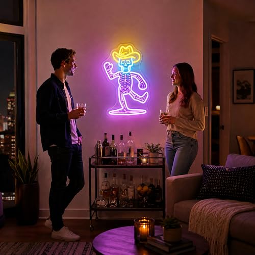 Image of Purple&Yellow Neon Sign Led Neon Lights Signs for Wall Decor USB Powered Led Signs for Room Decoration-Cowboy Skeleton