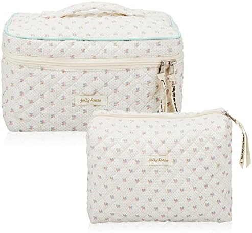 Zeyune 2 Pcs Cotton Quilted Makeup Bag Large Travel Coquette Makeup Bag Aesthetic Cute Floral Makeup Bag for Women Girls, Beige