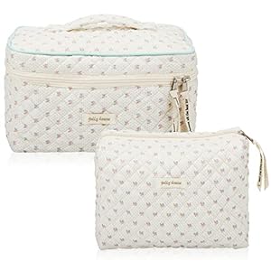 Zeyune 2 Pcs Large Travel Quilted Makeup Bag for Women, Cute Floral Cotton Toiletry Bag, Aesthetic Cherry Peony Cosmetic Bag Coquette Skincare Organizer Bag(Floral Style)