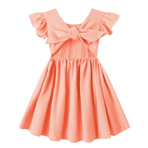 HILEELANG Toddler Girl Linen Dress Open Tie Back Backless Ruffle Sleeve Summer Party Beach Sundress