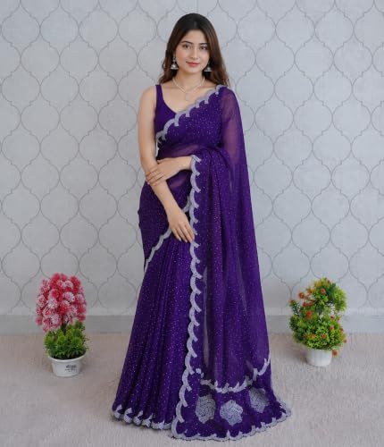 Image of Chiffon Satin Saree for Women with C Pallu PP Siroski Diamond Work, Cutwork Border & Matching Blouse Saree for Wedding, Festive and Traditional Occasions